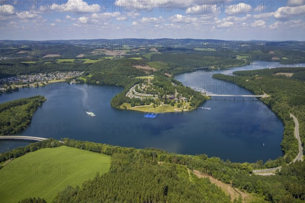 Aerial view, Biggesee, Camping Biggesee - Vier Jahreszeiten, Talbrücke Sondern, passenger navigation with the excursion boat Westfalen, Rhode, Olpe, Sauerland, North Rhine-Westphalia, Germany, excursion boat, Biggetalsperre, bridge, DE, Europe, aerial view, aerial photography, aerial photography, lake, reservoir, dam, overview, bird's-eye view, overview