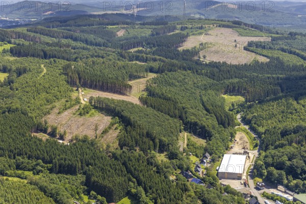 Aerial view, forest area with forest damage and clear cutting, Neuenkleusheimer Wald, Rehringhausen, Olpe, Sauerland, North Rhine-Westphalia, Germany, tree dieback, bark beetle damage, bark beetle plague, DE, drought, Europe, spruce dieback, clear cutting, aerial photograph, aerial photography, aerial photography, drought, overview, bird's-eye view, forest, forest area, forest damage, forest dieback, lack of water, birds-eyes view, overview