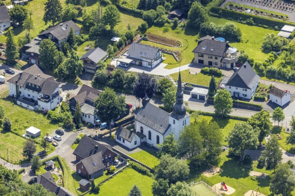 Aerial view, St. George's Church, Neuenkleusheim, Olpe, Sauerland, North Rhine-Westphalia, Germany, place of worship, DE, Europe, religious community, place of worship, sacred site, church, parish, denomination, aerial photography, aerial photography, aerial photography, religion, religious site, overview, bird's-eye view, overview