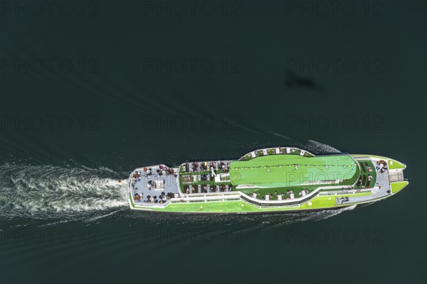 Aerial view, Biggesee, passenger navigation with the excursion boat Westfalen, Sondern, Olpe, Sauerland, North Rhine-Westphalia, Germany, Biggetalsperre, DE, Europe, aerial view, aerial photography, aerial photography, navigation, lake, reservoir, dam, overview, bird's-eye view, overview