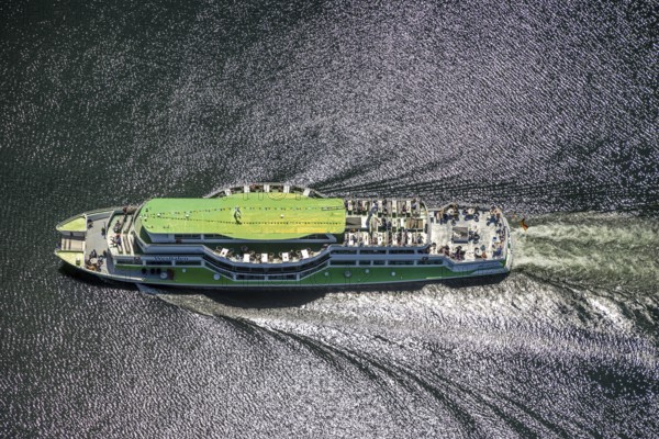 Aerial view, Biggesee, passenger navigation with the excursion boat Westfalen, Sondern, Olpe, Sauerland, North Rhine-Westphalia, Germany, Biggetalsperre, DE, Europe, aerial view, aerial photography, aerial photography, navigation, lake, reservoir, dam, overview, bird's-eye view, overview