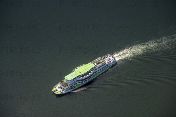 Aerial view, Biggesee, passenger navigation with the excursion boat Westfalen, Sondern, Olpe, Sauerland, North Rhine-Westphalia, Germany, Biggetalsperre, DE, Europe, aerial view, aerial photography, aerial photography, navigation, lake, reservoir, dam, overview, bird's-eye view, overview