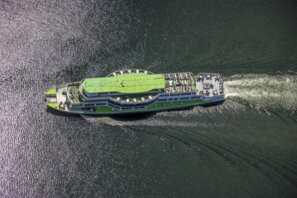 Aerial view, Biggesee, passenger navigation with the excursion boat Westfalen, Sondern, Olpe, Sauerland, North Rhine-Westphalia, Germany, Biggetalsperre, DE, Europe, aerial view, aerial photography, aerial photography, navigation, lake, reservoir, dam, overview, bird's-eye view, overview
