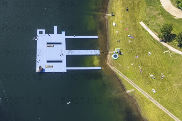 Aerial view, Biggesee, Camping Biggesee - Vier Jahreszeiten, bathers, Sondern, Olpe, Sauerland, North Rhine-Westphalia, Germany, bathing platform, bathing fun, Biggetalsperre, DE, Europe, aerial view, aerial photography, aerial photography, pontoon, lake, reservoir, dam, overview, bird's-eye view, overview