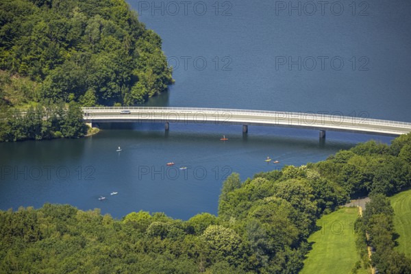 Aerial view, Biggesee, bridge Landesstraße L563, canoe and stand-up paddle, Rhode, Olpe, Sauerland, North Rhine-Westphalia, Germany, Biggetalsperre, bridge, DE, Europe, shapes and colours, canoe, aerial view, aerial photography, aerial photography, lake, stand-up paddle, reservoir, dam, overview, bird's-eye view, overview