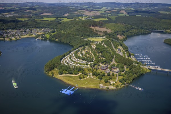 Aerial view, Biggesee, Camping Biggesee - Vier Jahreszeiten, pontoon, passenger navigation with the excursion boat Westfalen, Rhode, Olpe, Sauerland, North Rhine-Westphalia, Germany, excursion boat, bathing platform, Biggetalsperre, boats, boat landing stage, DE, Europe, aerial view, aerial photography, aerial photography, lake, sailing boats, reservoir, dam, overview, bird's eye view, birds-eyes view, overview