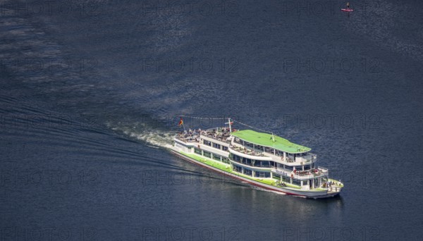 Aerial view, Biggesee, passenger navigation with the excursion boat Westfalen, Rhode, Olpe, Sauerland, North Rhine-Westphalia, Germany, Biggetalsperre, DE, Europe, aerial view, aerial photography, aerial photography, navigation, lake, reservoir, dam, overview, bird's-eye view, overview
