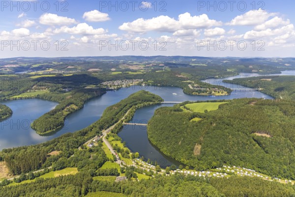 Aerial view, Biggesee, Camping and Recreation Centre Biggesee in the foreground, Camping Biggesee - Vier Jahreszeiten, Rhode, Olpe, Sauerland, North Rhine-Westphalia, Germany, Biggetalsperre, bridge, camping, camping facility, campsite, DE, Europe, leisure, Landesstraße L563, aerial view, aerial photography, aerial photography, lake, reservoir, dam, overview, bird's-eye view, motorhome, caravan, birds-eyes view, overview