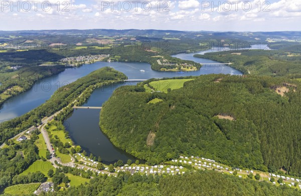 Aerial view, Biggesee, Camping and Recreation Centre Biggesee in the foreground, Camping Biggesee - Vier Jahreszeiten, Rhode, Olpe, Sauerland, North Rhine-Westphalia, Germany, Biggetalsperre, bridge, DE, Europe, Landesstraße L563, aerial view, aerial photography, aerial photography, lake, reservoir, dam, overview, bird's-eye view, overview