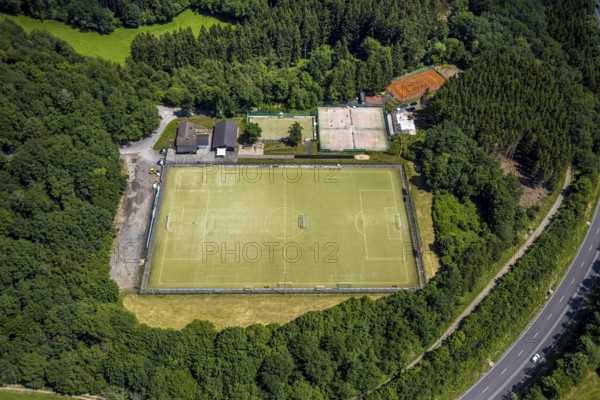 Aerial photo, TuS Rhode sports facility, Rhode, Olpe, Sauerland, North Rhine-Westphalia, Germany, DE, Europe, football pitch, aerial photo, aerial photography, aerial photography, sports, sports facilities, sports field, sports facility, tennis, tennis facility, tennis courts, overview, bird's-eye view, overview