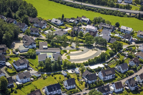 Aerial view, training academy for health care of the Catholic Hospital Association of South Westphalia and Caritas Association with car park, Rhode, Olpe, Sauerland, North Rhine-Westphalia, Germany, Caritas, DE, Europe, property tax, real estate, aerial view, aerial photography, aerial photography, car parks, overview, bird's-eye view, residential complex, living and living, residential area, residential buildings, quality of living, housing estate, bird's-eye view, overview
