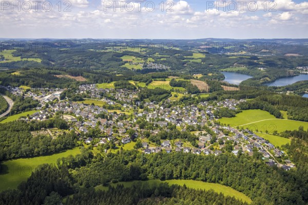 Aerial view, local view Rhode, Olpe, Sauerland, North Rhine-Westphalia, Germany, DE, Europe, property tax, hilly landscape, real estate, aerial view, aerial photography, aerial photography, local view, townscape, urban area, overview, bird's eye view, housing estate, living and living, residential area, residential buildings, residential quality, housing estate, birds-eyes view, overview