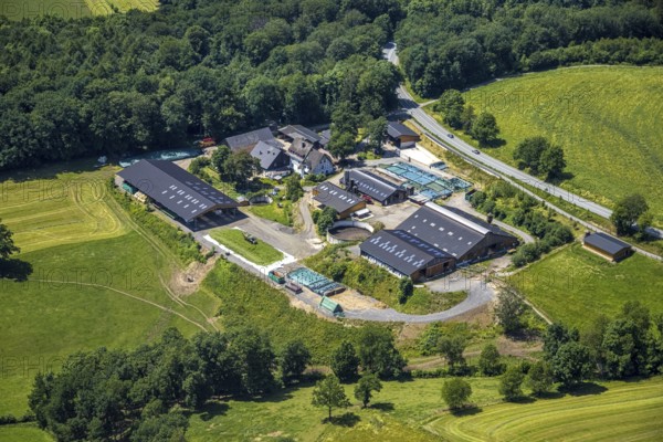 Aerial view, Hof Siele with farm shop, Stachelau, Olpe, Sauerland, North Rhine-Westphalia, Germany, farm, DE, Europe, agriculture, farm business, aerial view, aerial photography, aerial photography, animal husbandry, overview, bird's-eye view, overview
