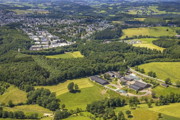 Aerial photo, Siele farm with farm shop, view of Olpe, Stachelau, Olpe, Sauerland, North Rhine-Westphalia, Germany, farm, DE, Europe, agriculture, farm business, aerial view, aerial photography, aerial photography, animal husbandry, overview, bird's-eye view, overview