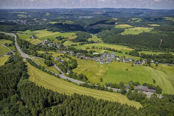 Aerial view, aerial view of Griesemert and Waukemicke, Rhode, Olpe, Sauerland, North Rhine-Westphalia, Germany, DE, Europe, property tax, hilly landscape, real estate, aerial view, aerial photography, aerial photography, overview, bird's-eye view, forest area, meadows and fields, residential area, living and living, residential area, residential buildings, quality of life, housing estate, birds-eyes view, overview