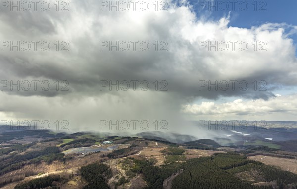 Aerial view, Olper Entsorgungszentrum GmbH, cloud, snow shower, Oberveischede Unterneger, Olpe, Sauerland, Kreis Olpe, North Rhine-Westphalia, Germany, DE, Europe, composting plant Olpe, aerial view, aerial photography, aerial photography, recycling centre, rain clouds, overview, bird's eye view, cloud formation, birds-eyes view, overview