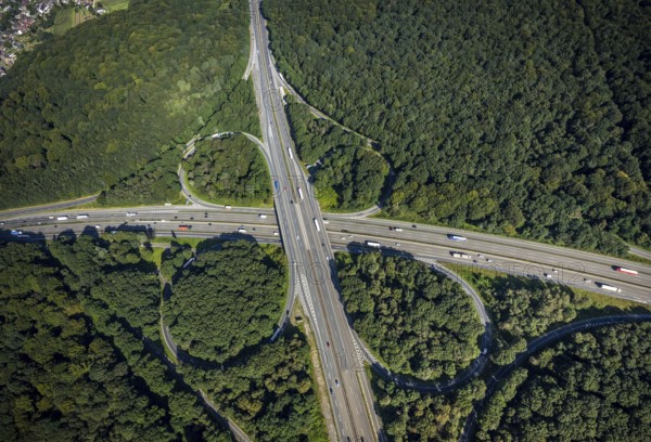 Aerial view, motorway junction Oberhausen with A2 and A3 in the district Königshardt in Oberhausen, Ruhr area, North Rhine-Westphalia, Germany, motorway junction, DE, Europe, cloverleaf shape, aerial view, aerial photography, aerial photography, Oberhausen, overview, bird's eye view, birds-eyes view, overview