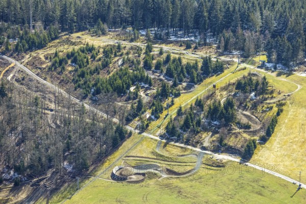 Aerial view, forest area with mountain bike facility Liftistan, Oberveischede, Olpe, Sauerland, Kreis Olpe, North Rhine-Westphalia, Germany, DE, Europe, Fahlenscheid, aerial view, aerial photography, aerial photography, track, overview, bird's-eye view, overview