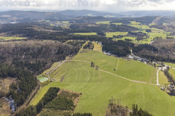 Aerial view, forest area with mountain bike facility Liftistan, Oberveischede, Olpe, Sauerland, Kreis Olpe, North Rhine-Westphalia, Germany, DE, Europe, Fahlenscheid, aerial view, aerial photography, aerial photography, track, overview, bird's-eye view, overview