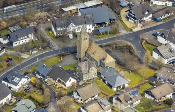Aerial view, parish church St. Luzia, Oberveischede, Olpe, Sauerland, district Olpe, North Rhine-Westphalia, Germany, place of worship, DE, Europe, religious community, place of worship, holy place, church, parish, denomination, aerial view, aerial photography, aerial photography, religion, religious site, overview, bird's-eye view, bird's-eye view, overview