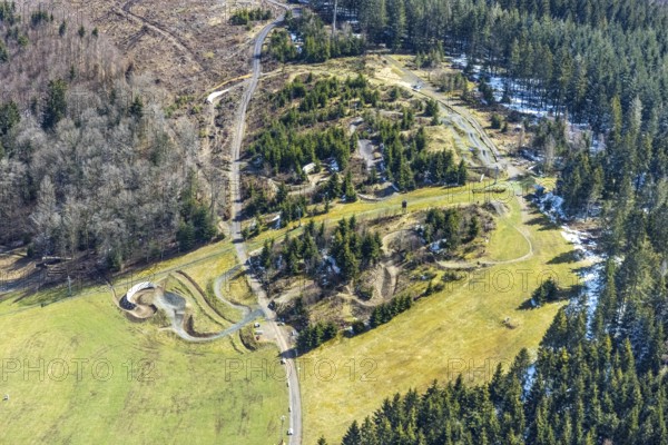 Aerial view, forest area with mountain bike facility Liftistan, Oberveischede, Olpe, Sauerland, Kreis Olpe, North Rhine-Westphalia, Germany, DE, Europe, Fahlenscheid, aerial view, aerial photography, aerial photography, track, overview, bird's-eye view, overview