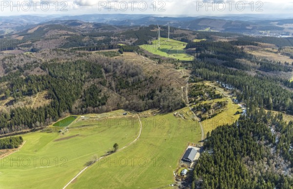 Aerial view, forest area with mountain bike facility Liftistan, Oberveischede, Olpe, Sauerland, Kreis Olpe, North Rhine-Westphalia, Germany, DE, Europe, Fahlenscheid, aerial view, aerial photography, aerial photography, track, overview, bird's-eye view, overview