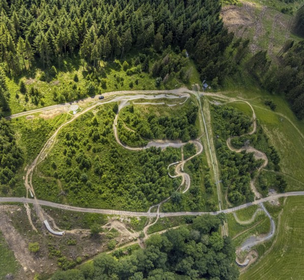 Aerial view, Bikepark Fahlenscheid, mountain bike facility Liftistan, Oberveischede, Olpe, Sauerland, North Rhine-Westphalia, Germany, DE, Europe, aerial view, aerial photography, aerial photography, sports facility, overview, bird's eye view, forest area, biking, birds-eyes view, overview