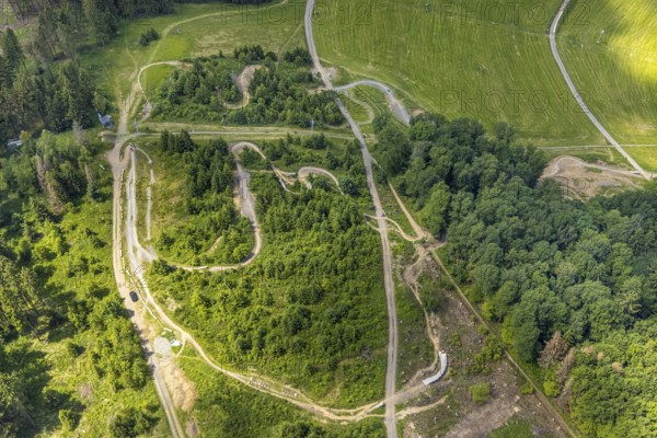 Aerial view, Bikepark Fahlenscheid, mountain bike facility Liftistan, Oberveischede, Olpe, Sauerland, North Rhine-Westphalia, Germany, DE, Europe, aerial view, aerial photography, aerial photography, sports facility, overview, bird's eye view, forest area, biking, birds-eyes view, overview
