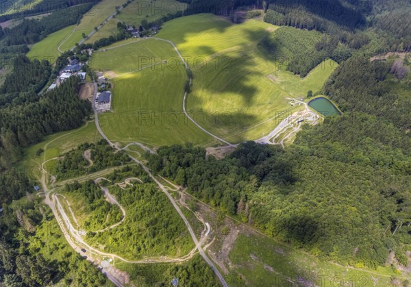 Aerial view, Bikepark Fahlenscheid, mountain bike facility Liftistan, Oberveischede, Olpe, Sauerland, North Rhine-Westphalia, Germany, DE, Europe, aerial view, aerial photography, aerial photography, sports facility, overview, bird's eye view, forest area, biking, birds-eyes view, overview