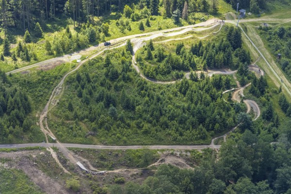 Aerial view, Bikepark Fahlenscheid, mountain bike facility Liftistan, Oberveischede, Olpe, Sauerland, North Rhine-Westphalia, Germany, DE, Europe, aerial view, aerial photography, aerial photography, sports facility, overview, bird's eye view, forest area, biking, birds-eyes view, overview