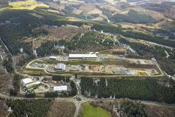 Aerial view, recycling centre Olpe, Hufnagel Service, Oberveischede, Olpe, Sauerland, Kreis Olpe, North Rhine-Westphalia, Germany, DE, waste disposal company, Europe, commercial enterprises, commercial area, commercial site, commercial use, industrial area, industrial site, roundabout, roundabout, aerial photograph, aerial photography, aerial photography, overview, bird's-eye view, forest, forest area, birds-eyes view, overview