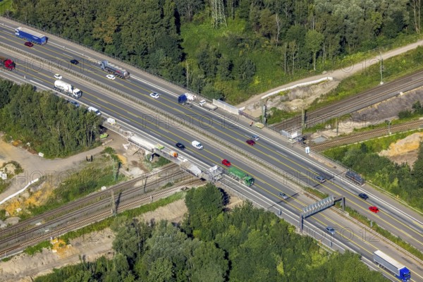 Aerial view, motorway A42 bridge renovation over railway tracks and the river Emscher in Buschhausen, Oberhausen, Ruhr area, North Rhine-Westphalia, Germany, motorway, construction work, construction area, construction site, construction measure, construction project, construction site, bridge, DE, renovation, Europe, aerial view, aerial photography, aerial photography, aerial photography, renovation, overview, bird's-eye view, overview