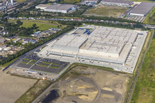 Aerial view, Edeka central warehouse Oberhausen as well as SEGRO Logistics Park Oberhausen and Lekkerland logistics centre Oberhausen in the industrial park Waldteich in the district Schwarze Heide in Oberhausen, Ruhr area, North Rhine-Westphalia, Germany, motorway A3, DE, Europe, commercial enterprises, commercial area, industrial park, commercial location, commercial use, freight traffic, industrial area, industrial building, industrial site, logistics, logistics service, logistics service provider, logistics provider, logistics centre, aerial view, aerial photography, aerial photography, Oberhausen, SEGRO Parks, transport service, overview, bird's-eye view, overview