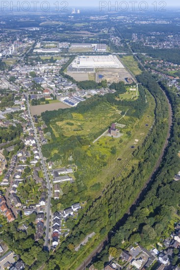 Aerial view, Sterkrade colliery with historic winding tower, Edeka central warehouse and SEGRO Logistics Park in the Schwarze Heide district of Oberhausen, Ruhr area, North Rhine-Westphalia, Germany, DE, Europe, commercial enterprises, commercial area, commercial park, Waldteich commercial park, commercial location, commercial use, freight traffic, industrial area, industrial building, industrial location, logistics, logistics service, logistics service provider, logistics provider, logistics centre, aerial view, aerial photography, aerial photography, Oberhausen, SEGRO Parks, transport service, overview, bird's eye view, colliery, birds-eyes view, overview
