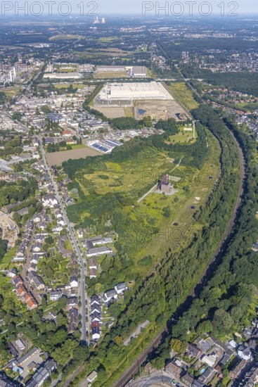Aerial view, Sterkrade colliery with historic winding tower, Edeka central warehouse and SEGRO Logistics Park in the Schwarze Heide district of Oberhausen, Ruhr area, North Rhine-Westphalia, Germany, DE, Europe, commercial enterprises, commercial area, commercial park, Waldteich commercial park, commercial location, commercial use, freight traffic, industrial area, industrial building, industrial location, logistics, logistics service, logistics service provider, logistics provider, logistics centre, aerial view, aerial photography, aerial photography, Oberhausen, SEGRO Parks, transport service, overview, bird's eye view, colliery, birds-eyes view, overview