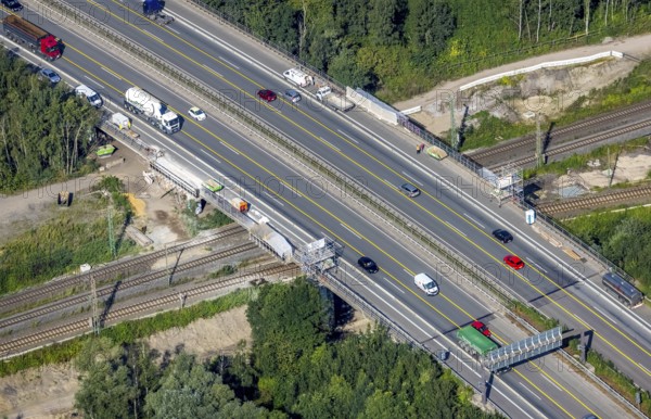 Aerial view, motorway A42 bridge renovation over railway tracks and the river Emscher in Buschhausen, Oberhausen, Ruhr area, North Rhine-Westphalia, Germany, motorway, construction work, construction area, construction site, construction measure, construction project, construction site, bridge, DE, renovation, Europe, aerial view, aerial photography, aerial photography, aerial photography, renovation, overview, bird's-eye view, overview