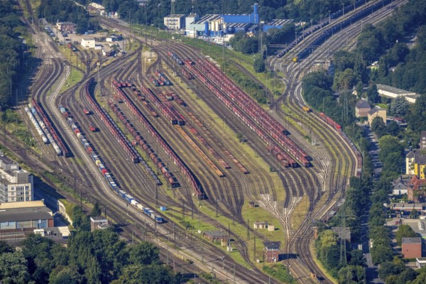 Aerial view, freight yard and marshalling yard Oberhausen West in the district Lirich in Oberhausen, Ruhr area, North Rhine-Westphalia, Germany, railway tracks, railway station, DE, Deutsche Bahn AG, Europe, railway tracks, goods trains, aerial view, aerial photography, aerial photography, Oberhausen, marshalling yard, overview, bird's-eye view, overview