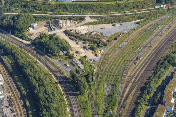 Aerial view, building plot in the Gleisdreieck near Oberhausen main station, Marienviertel, Oberhausen, Ruhr area, North Rhine-Westphalia, Germany, construction area, building site, building plots, brownfield, DE, Europe, aerial view, aerial photography, aerial photography, overview, bird's-eye view, overview