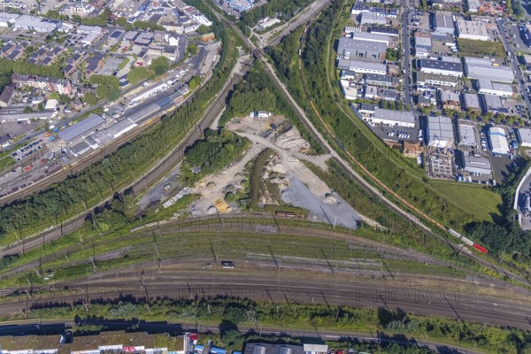 Aerial view, building plot in the Gleisdreieck near Oberhausen main station, Marienviertel, Oberhausen, Ruhr area, North Rhine-Westphalia, Germany, construction area, building site, building plots, brownfield, DE, Europe, aerial view, aerial photography, aerial photography, overview, bird's-eye view, overview