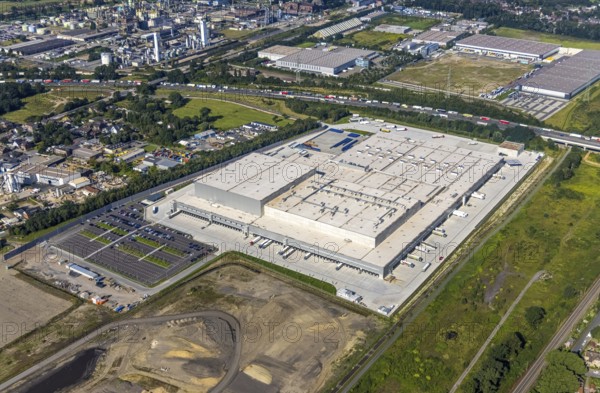 Aerial view, Edeka central warehouse Oberhausen as well as SEGRO Logistics Park Oberhausen and Lekkerland logistics centre Oberhausen in the industrial park Waldteich in the district Schwarze Heide in Oberhausen, Ruhr area, North Rhine-Westphalia, Germany, motorway A3, DE, Europe, commercial enterprises, commercial area, industrial park, commercial location, commercial use, freight traffic, industrial area, industrial building, industrial site, logistics, logistics service, logistics service provider, logistics provider, logistics centre, aerial view, aerial photography, aerial photography, Oberhausen, SEGRO Parks, transport service, overview, bird's-eye view, overview