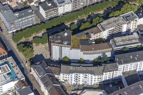 Aerial view, window renovation, covered Bert-Brecht-Haus with municipal adult education facilities in Paul-Reusch-Straße, city centre, Oberhausen, Ruhr area, North Rhine-Westphalia, Germany, construction, construction project, construction site, DE, Europe, aerial view, aerial photography, aerial photography, renovation, refurbishment, city library, overview, VHS, covering, bird's-eye view, adult education centre, birds-eyes view, overview