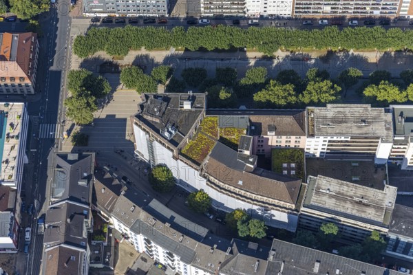 Aerial view, window renovation, covered Bert-Brecht-Haus with municipal adult education facilities in Paul-Reusch-Straße, city centre, Oberhausen, Ruhr area, North Rhine-Westphalia, Germany, construction, construction project, construction site, DE, Europe, aerial view, aerial photography, aerial photography, renovation, refurbishment, city library, overview, VHS, covering, bird's-eye view, adult education centre, birds-eyes view, overview