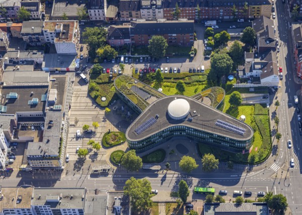 Aerial view, head office of Sparkasse Oberhausen, city centre, Oberhausen, Ruhr area, North Rhine-Westphalia, Germany, DE, Europe, finance, financial institution, aerial view, aerial photography, aerial photography, Sparkasse, overview, bird's-eye view, birds-eyes view, futuristic, overview