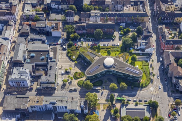 Aerial view, head office of Sparkasse Oberhausen, city centre, Oberhausen, Ruhr area, North Rhine-Westphalia, Germany, DE, Europe, finance, financial institution, aerial view, aerial photography, aerial photography, Sparkasse, overview, bird's-eye view, birds-eyes view, futuristic, overview