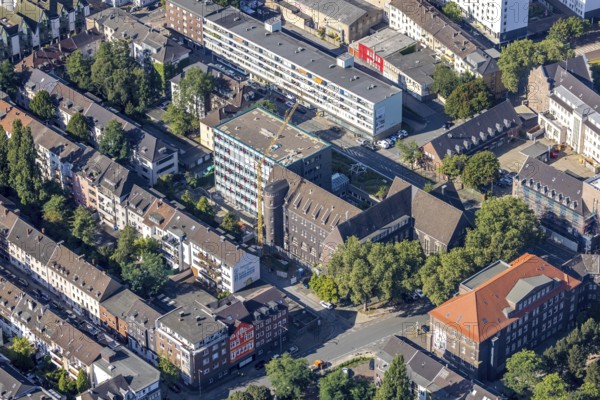 Aerial view, construction site at Elsa-Brändström-Gymnasium, city centre, Oberhausen, Ruhr area, North Rhine-Westphalia, Germany, construction work, construction area, construction site, building plots, construction measure, construction project, construction site, education, educational institution, DE, Europe, grammar school, teaching institute, aerial view, aerial photography, aerial photography, renovation, refurbishment, school, overview, bird's-eye view, bird's-eye view, overview