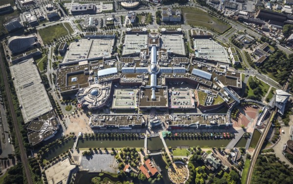 Aerial view, Centro Oberhausen shopping centre in Borbeck, Oberhausen, Ruhr area, North Rhine-Westphalia, Germany, DE, shopping centre, shopping mall, shopping mile, shopping markets, shopping square, shopping centre, Europe, shapes and colours, aerial view, aerial photography, aerial photography, shopping, shopping centre, overview, bird's eye view, birds-eyes view, overview