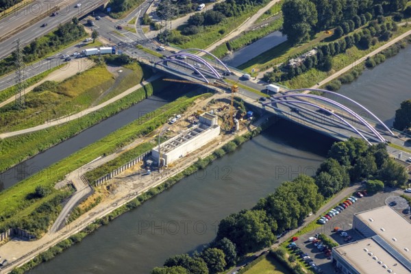 Aerial view, construction site between Rhine-Herne-Canal and river Emscher at the bridge Osterfelder Straße in Vondern, Oberhausen, Ruhr area, North Rhine-Westphalia, Germany, motorway A42, construction work, building, construction area, building site, building plots, construction project, construction site, bridge, DE, Europe, canal, aerial view, aerial photography, aerial photography, new building, overview, bird's-eye view, overview