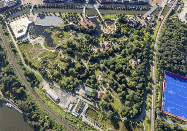 Aerial view, CentrO.Park with Centro Beach area with Beach Club in Centro Oberhausen in Borbeck, Oberhausen, Ruhr area, North Rhine-Westphalia, Germany, adventure park, Centropark, DE, Europe, aerial view, aerial photography, aerial photography, overview, bird's-eye view, overview