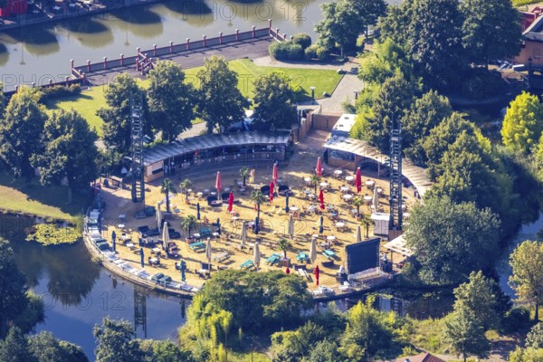 Aerial view, CentrO.Park with Beach Club and Corona distance rule in Centro Oberhausen in Borbeck, Oberhausen, Ruhr area, North Rhine-Westphalia, Germany, adventure park, distance rule, Centropark, Corona measures, Corona Virus, DE, Europe, hygiene measures, aerial view, aerial photography, aerial photography, overview, bird's-eye view, overview