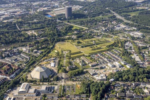 Aerial view, OLGA Park with ASO Oberhausen senior citizens' residence at OLGA Park, winding tower and old Steigerhaus as well as garden dome in Osterfeld, Oberhausen, Ruhr area, North Rhine-Westphalia, Germany, DE, Europe, leisure park, gasometer, culture, art, aerial view, aerial photography, aerial photography, park, overview, event location, event centre, bird's-eye view, former Osterfeld colliery and coking plant, cultural use, overview